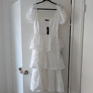 Lulu's White Tiered Puff Sleeve Maxi Dress with Square Neck